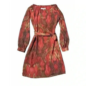 Banana Republic Red Ikat Chiffon Long Sleeve Keyhole Neck Belted Dress Sz 00 D1